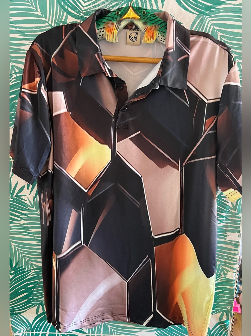 Hardaddy Geometric Print Polo Shirt - Black and Brown Sz L Guc